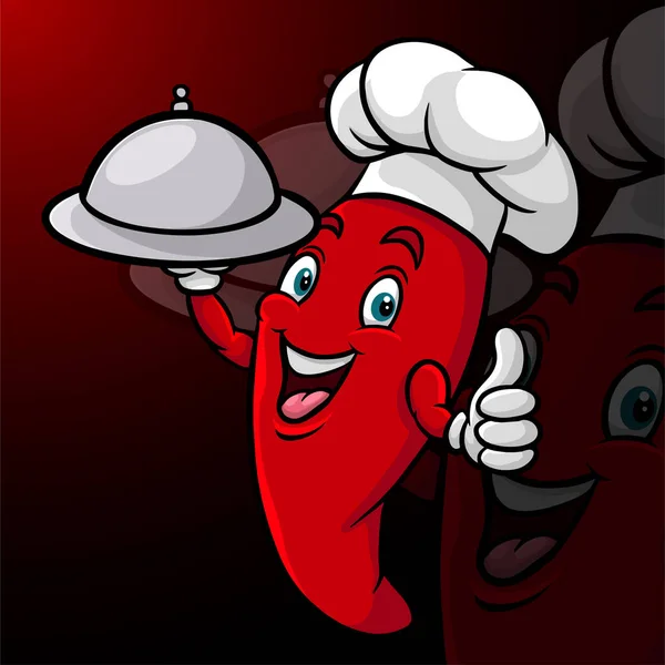 Vector Illustration Dari Cartoon Chili Chef Holding Platter Giving Thumbs - Stok Vektor