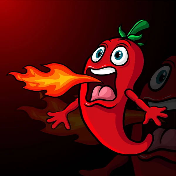 Ilustração Vetorial Cartoon Chili Pimenta Mascote Respiração Fogo —  Vetores de Stock