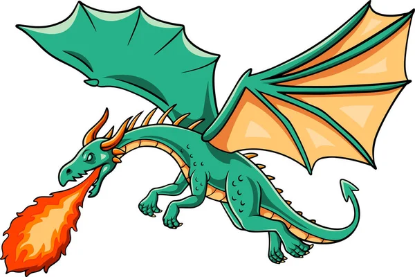 Ilustración Vectorial Dragón Verde Dibujos Animados Escupiendo Fuego — Archivo Imágenes Vectoriales