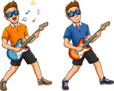 Elektro gitar çalan iki müzisyenin vektör illüstrasyonu