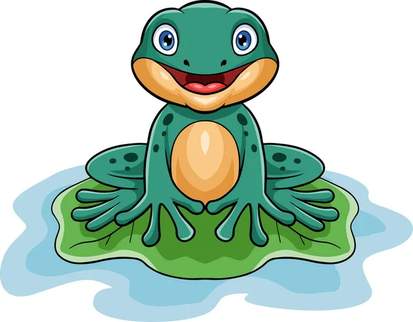 Vector Illustration Cute Green Frog Cartoon Sitting Leaf — Stock Vector