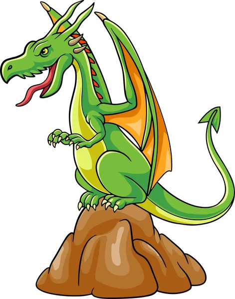 Ilustración Vectorial Del Dragón Verde Dibujos Animados Pie Sobre Roca — Archivo Imágenes Vectoriales