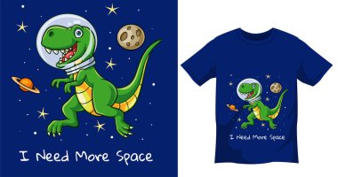 Şirin astronot dinozor t-shirt tasarım şablonu