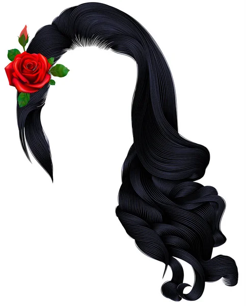 Mujer Pelos Rizados Largos Con Flor Rosa Roja Morena Negro — Archivo Imágenes Vectoriales
