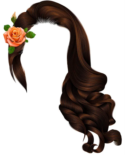 Woman Long Curly Hairs Flower Beige Rose Brown Brunette Colors 스톡 벡터