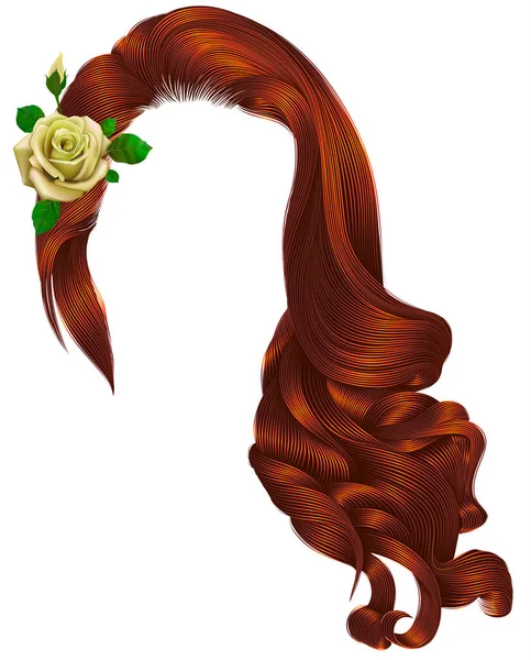 Женщина Длинные Кудрявые Волосы Цветами Белая Роза Красный Цвет Ретро Лицензионные Стоковые Векторы