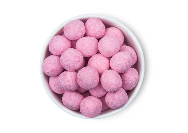 Sweet Strawberry Raspberry Bonbons Godis Vit Keramik Platta Vit Bakgrund — Stockfoto