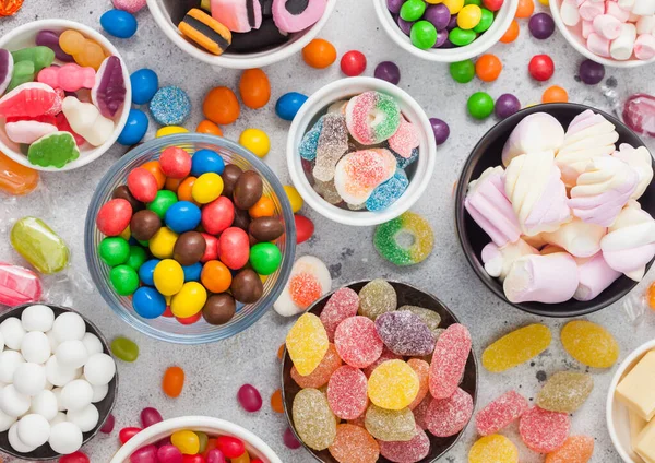 Jelly Sugar Gums Candies Blue Table Liquorice Allsorts Strawberry Marshmallow — Stock Photo, Image