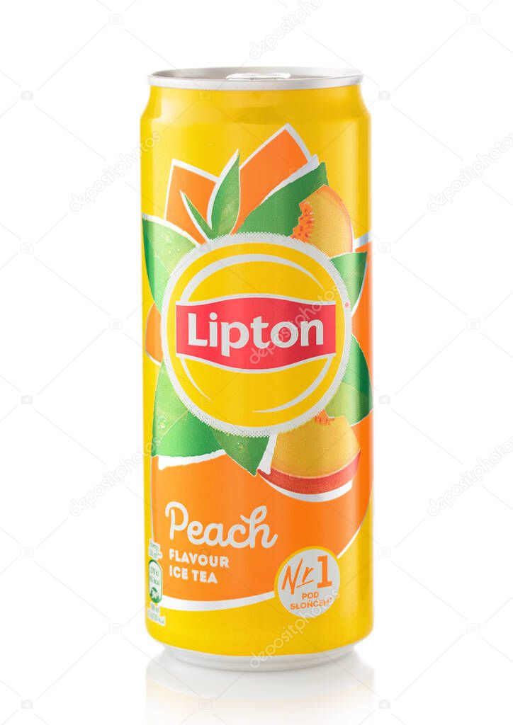 LONDON,UK - JANUARY 22, 2022: Lipton Ice Tea in aluminium can with lemon flavour on white background.