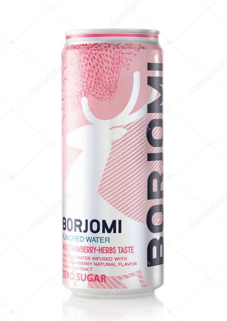 LONDON,UK - JANUARY 19, 2022:Strawberry flavoured Borjomi sparkling water on white
