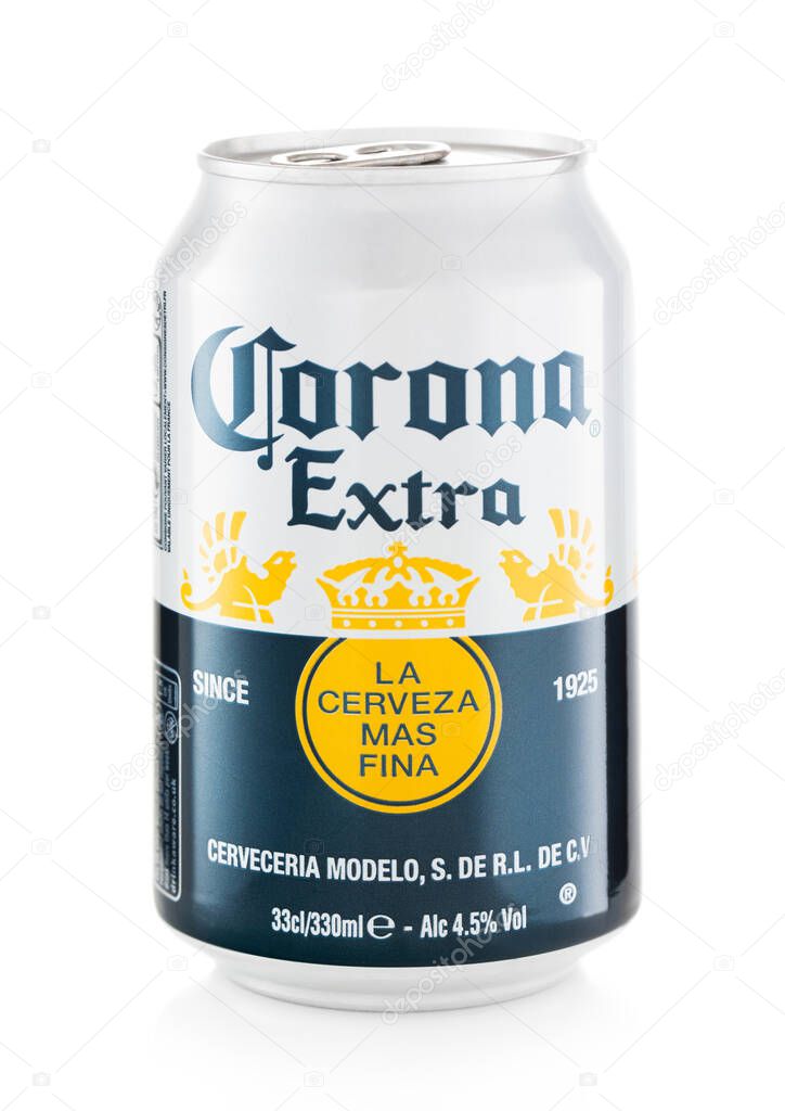 LONDON,UK - FEBRUARY 01,2022: Corona Extra Mexican lager beer in aluminium can on white.
