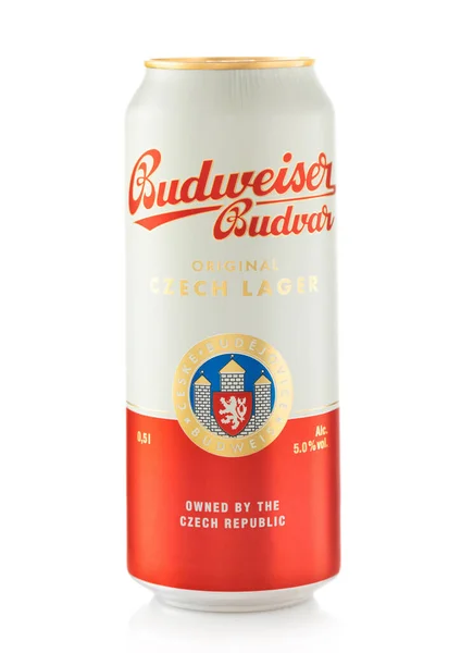 February 2022 Budvar Original Czech Lager Beer Aluminium Can White — 스톡 사진