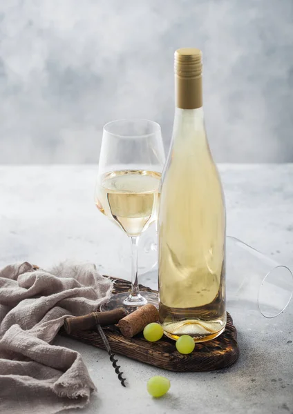 Bottle Glass White Homemade Wine Corks Corkscrew Grapes Wooden Board — Stock fotografie