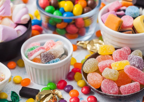 Jelly Sugar Gums Candies Blue Table Liquorice Allsorts Strawberry Marshmallow — Stock Photo, Image