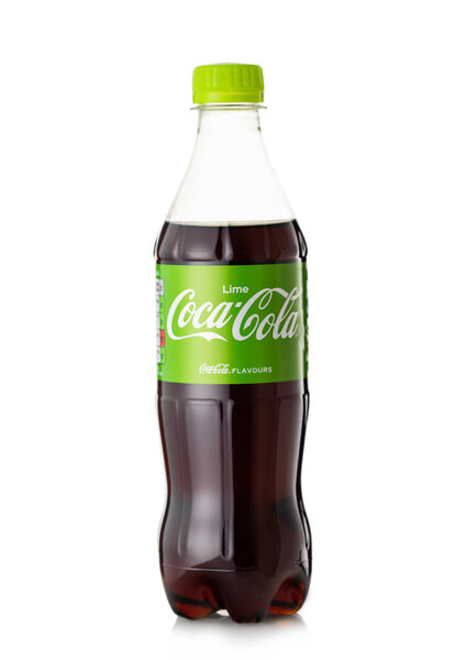 LONDON,UK - MAY 23, 2022: Bottle of Coca Cola Lime on white.Green label