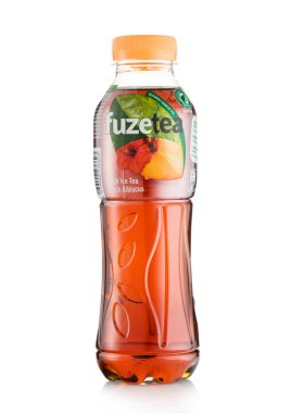 LONDON,UK - APRIL 11, 2022: Fuze Black tea with Peach flavour on white .