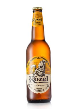 LONDON,UK - JUNE 21, 2022: Bottle of Kozel premium lager beer on white.