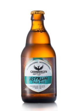 LONDON,UK - JUNE 10, 2022: Grimbergen Astrum Pale Ale craft beer on white.