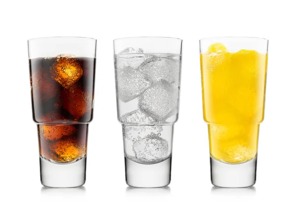 Three Glasses Cola Soft Drink Orange Soda Lemonade Ice Cubes — 图库照片