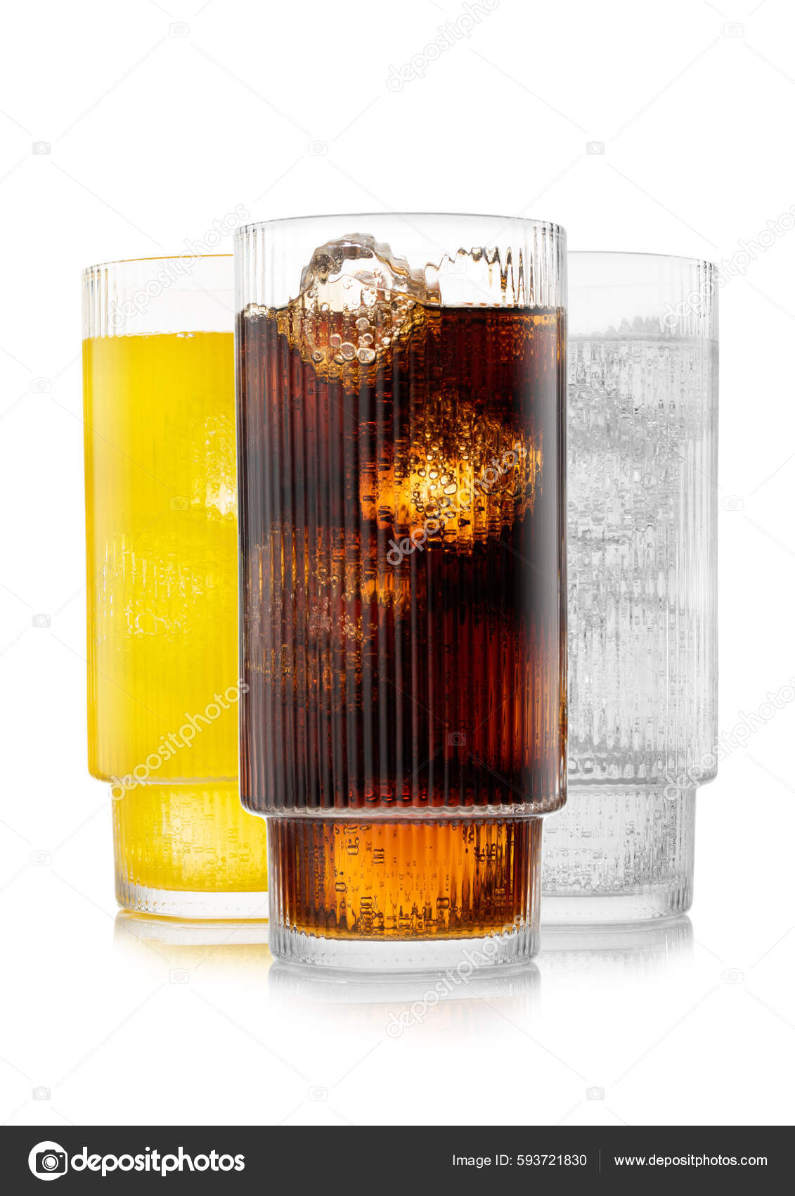Glasses of Cola and Orange Soda Drink and Lemonade Stock Image