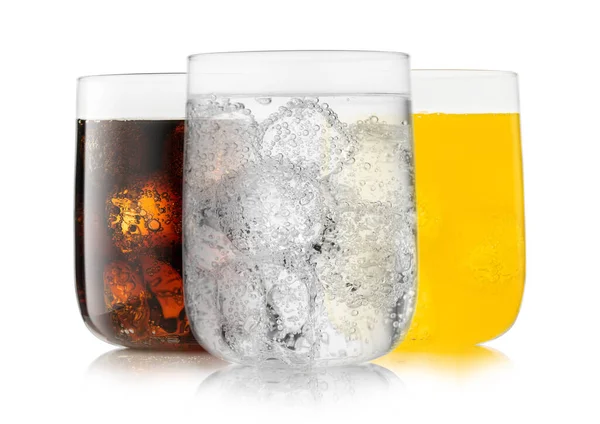 Lemonade Drink Cola Orange Soda Ice Cubes Large Glasses — Stockfoto