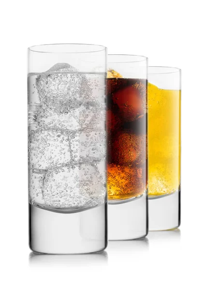 Lemonade Drink Cola Orange Soda Ice Cubes Highball Glasses — Stockfoto