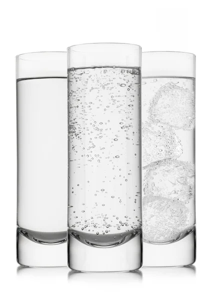 Sparkling Still Mineral Water Ice Cubes Bubbles White Highball Glasses — Foto Stock