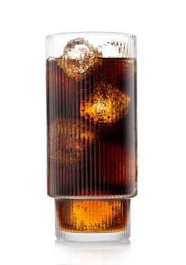 Glass of cola soft drink with ice cubes and bubbles on white.