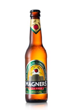 LONDON, UK - JULY 03, 2022: Bottle of Magners Original apple irish cider on white.
