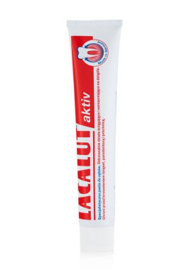 LONDON, UK - JULY 02, 2022: Tube of lacalut Activ toothpaste on white.