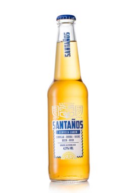 LONDON, UK - JUNE 15, 2022: Santanos mexican lager beer in glass bottle on white.