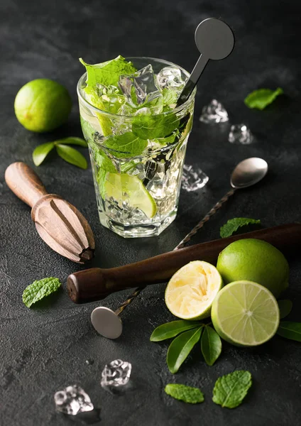 Copo Coquetel Mojito Com Cubos Gelo Hortelã Limão Sobre Placa — Fotografia de Stock