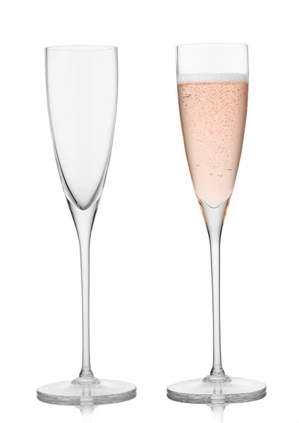 Prázdné Plné Růžové Sklenice Šampaňského Bílém — Stock fotografie