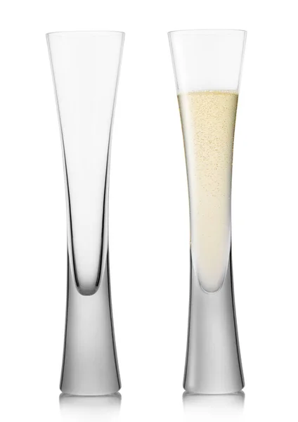 Ústa Foukané Prázdné Plné Luxusní Šampaňské Flétny Sklenice Bílém — Stock fotografie