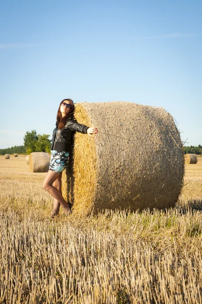 Brunetka dziewczynka portret i słomy beli — Zdjęcie stockowe