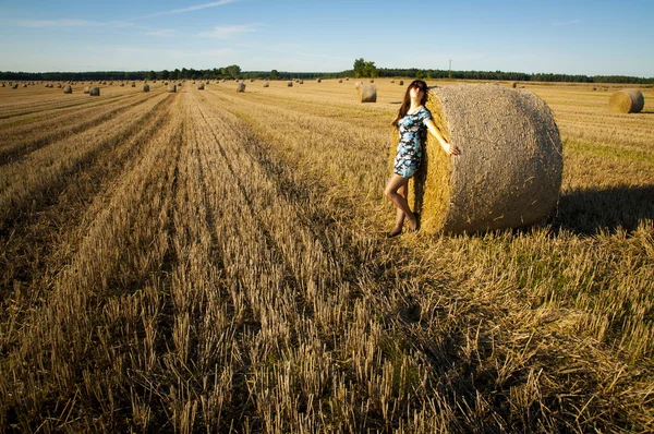 Brunette girl portrait and straw bale — Stock Photo, Image