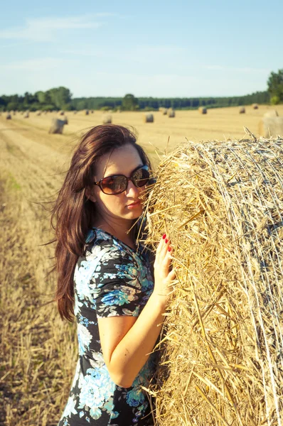 Brunetka dziewczynka portret i słomy beli — Zdjęcie stockowe