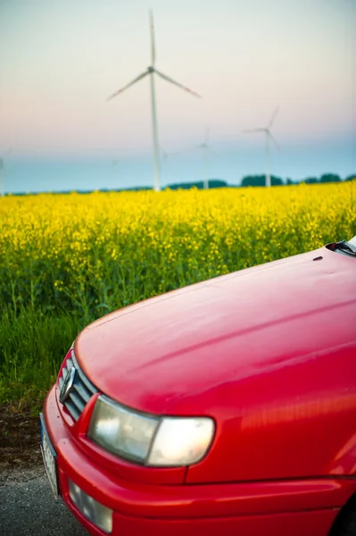 Red car stands next to the field where rape flowers. and in the distance you can see the wind turbines — Stock Photo, Image