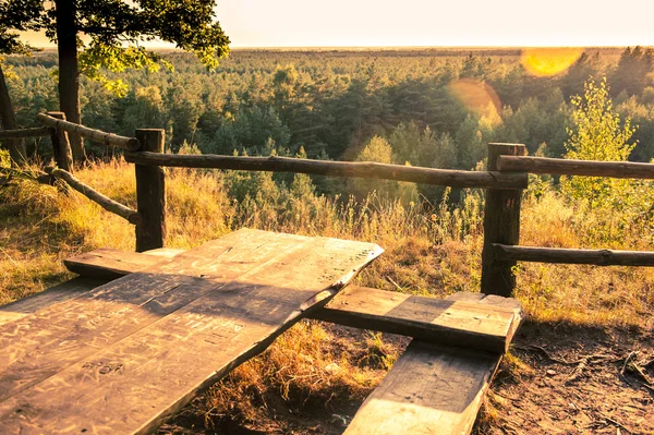 Mesas de picnic de madera en el bosque —  Fotos de Stock