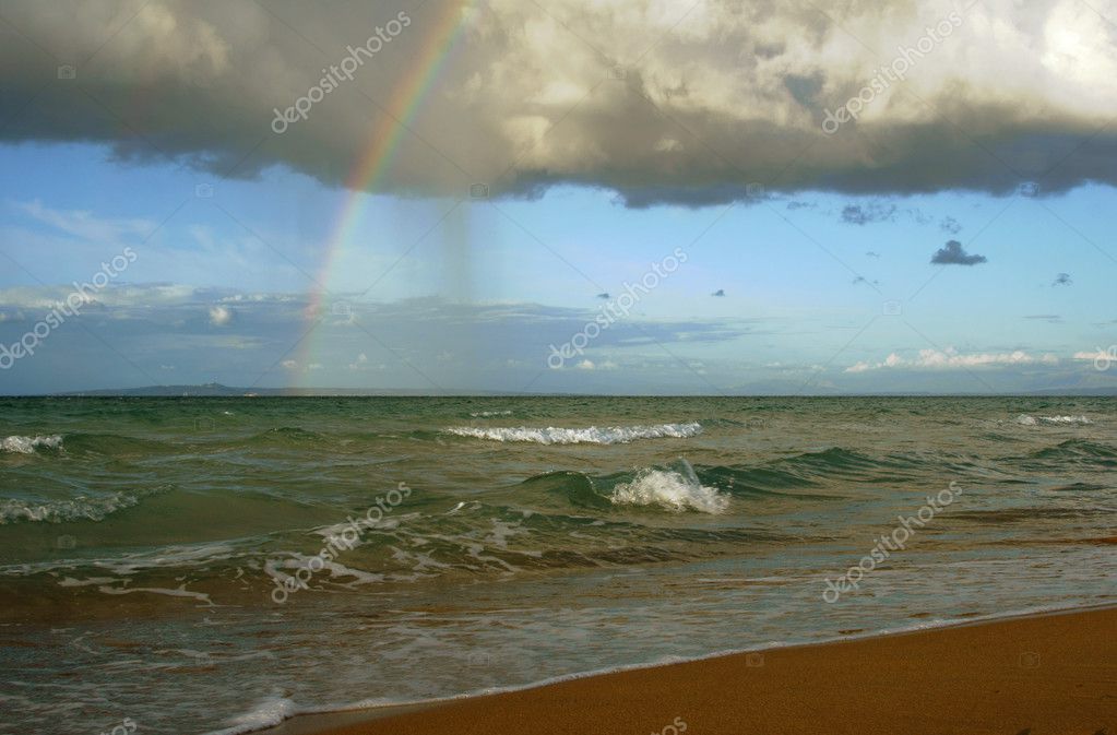 Rainbow and beach on Zakynthos island — Stock Photo © gkordus 13617526