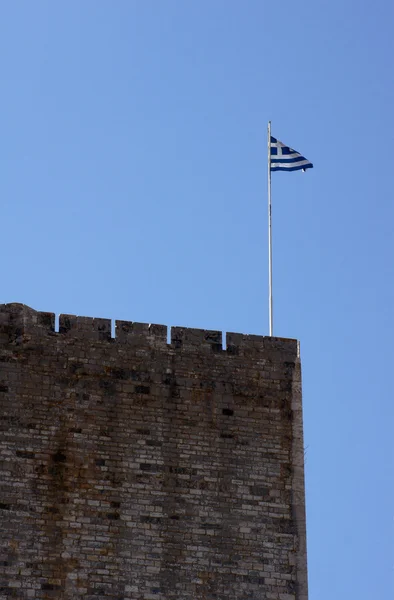 Greek flag on the walls of the fortress in Corfu — Stock Photo, Image