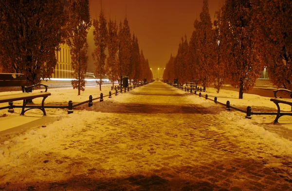 Beco coberto de neve à noite em Poznan, Polônia — Fotografia de Stock