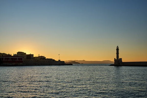 Ancien Phare Coucher Soleil Dans Port Canée Sur Île Crète — Photo