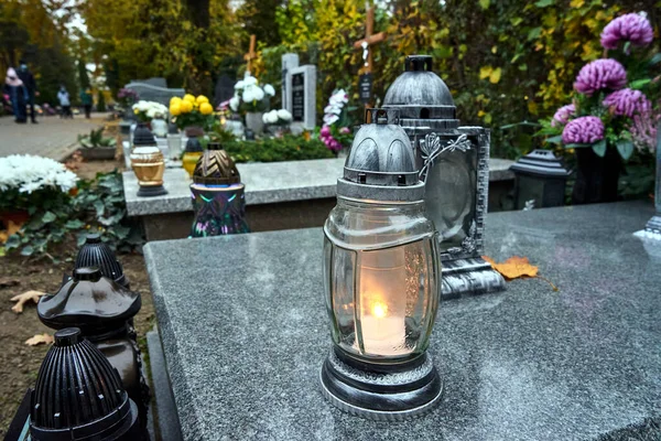 Fires Burning Grave Cemetery All Saints Day Poland — Stock Photo, Image