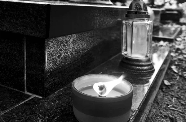 Fires Burning Grave Cemetery All Saints Day Poland Monochrome — Stock Photo, Image