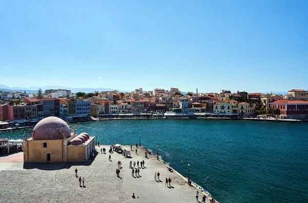 Kyuchuk Hassan Mosque Venetian Harbor City Chania Island Crete Greece — Stock Photo, Image