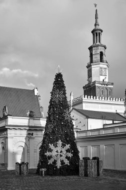 Market Meydanı, noel süslemeleri ve Poznan 'daki belediye binasının kulesi, tek renkli.