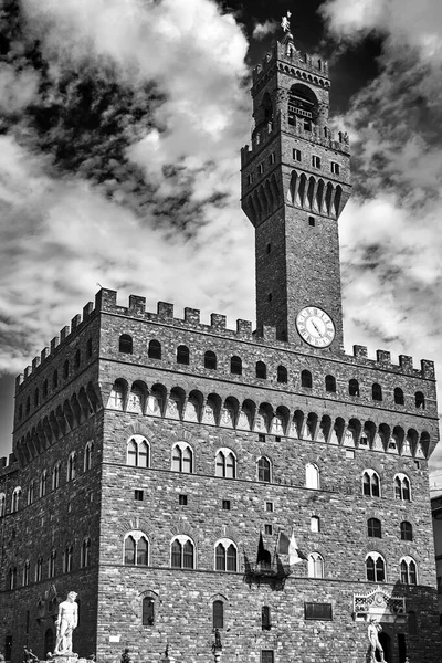 Palazzo Vecchio Ayuntamiento Histórico Con Torre Reloj Florencia Monocromo — Foto de Stock