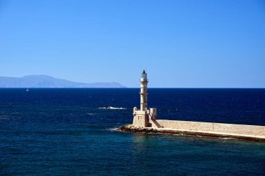 The historic lighthouse in the port of Chania on the island of Crete in Greece