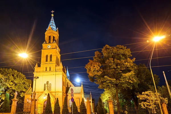 Historic Neo Gothic Catholic Church Night City Poznan — стоковое фото